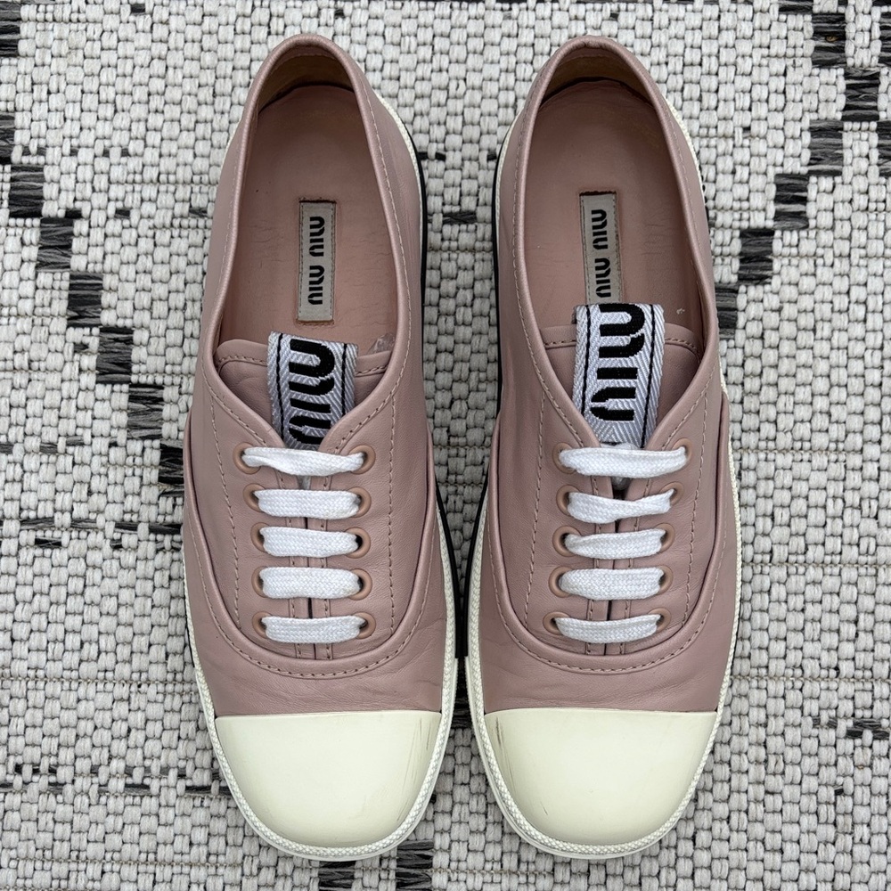 Miu Miu Blush and Cream Leather Low Top Sneakers Round Toe